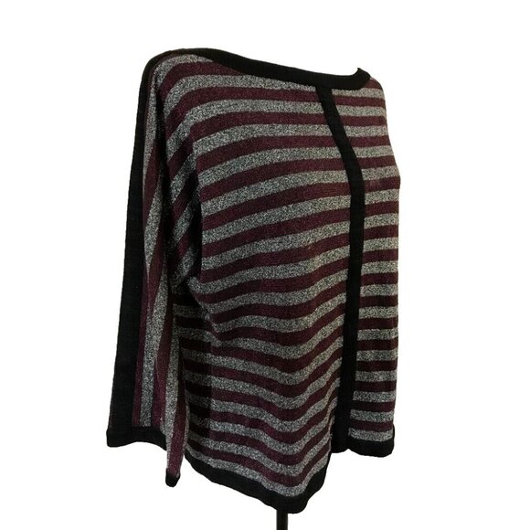 ST. JOHN Wool Rayon Sweater Yellow Label Medium Silver Burgundy Metallic Thread - Picture 3 of 8